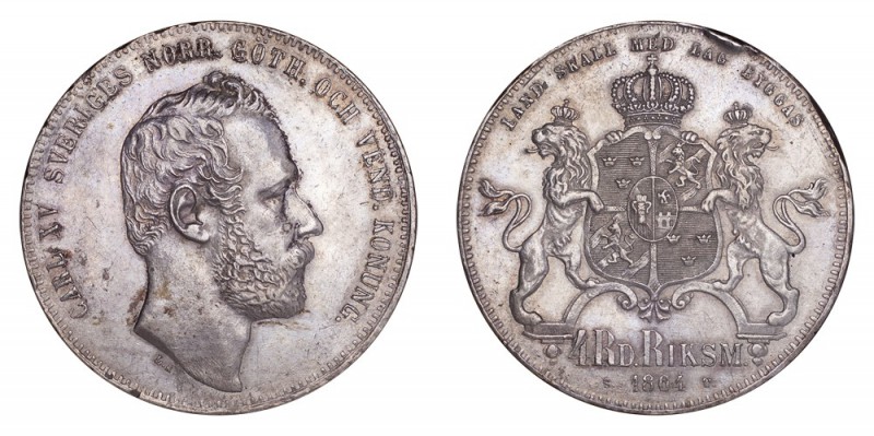 SWEDEN. Carl XV, 1859-72. 4 Riksdaler riksmynt 1864, Stockholm. 34 g. Mintage 53...