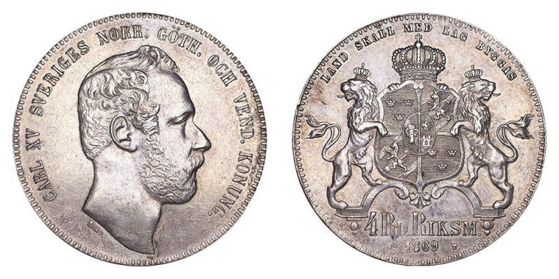 SWEDEN. Carl XV, 1859-72. 4 Riksdaler riksmynt 1869, Stockholm. 34 g. Mintage 31...