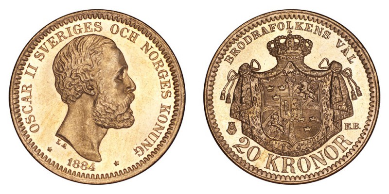 SWEDEN. Oscar II, 1872-1907. Gold 20 Kronor 1884, Stockholm. 8.96 g. Mintage 190...