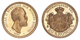 SWEDEN. Oscar II, 1872-1907. Gold 20 Kronor 1884, Stockholm. 8.96 g. Mintage 190,750. KM# 748. Gem uncirculated, a couple miniscule contact marks can ...