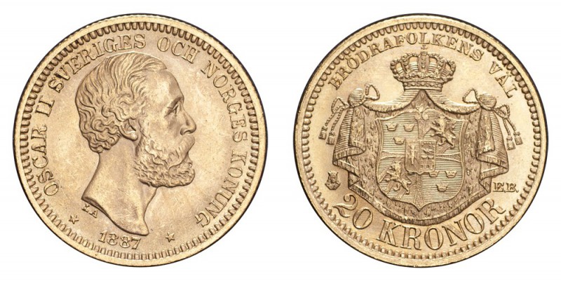 SWEDEN. Oscar II, 1872-1907. Gold 20 Kronor 1887, Stockholm. 8.96 g. Mintage 58,...