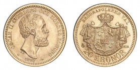 SWEDEN. Oscar II, 1872-1907. Gold 20 Kronor 1887, Stockholm. 8.96 g. Mintage 58,737. KM# 748. Uncirculated.
