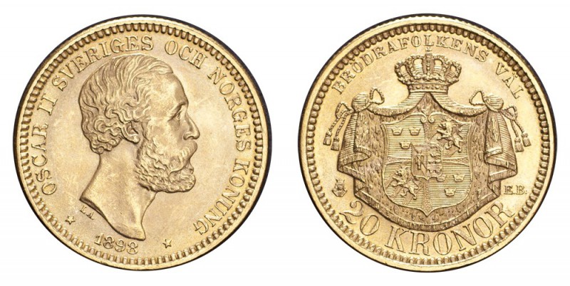 SWEDEN. Oscar II, 1872-1907. Gold 20 Kronor 1898, Stockholm. 8.96 g. Mintage 313...