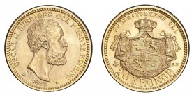 SWEDEN. Oscar II, 1872-1907. Gold 20 Kronor 1898, Stockholm. 8.96 g. Mintage 313,437. KM# 748. Brilliant uncirculated.