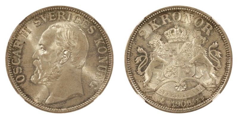 SWEDEN. Oscar II, 1872-1907. 2 Kronor 1906, Stockholm. 15 g. Mintage 112,468. KM...
