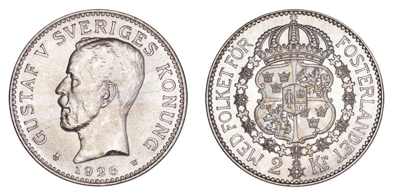 SWEDEN. Gustaf V, 1907-50. 2 Kronor 1926, Stockholm. 15 g. Mintage 221,577. KM# ...