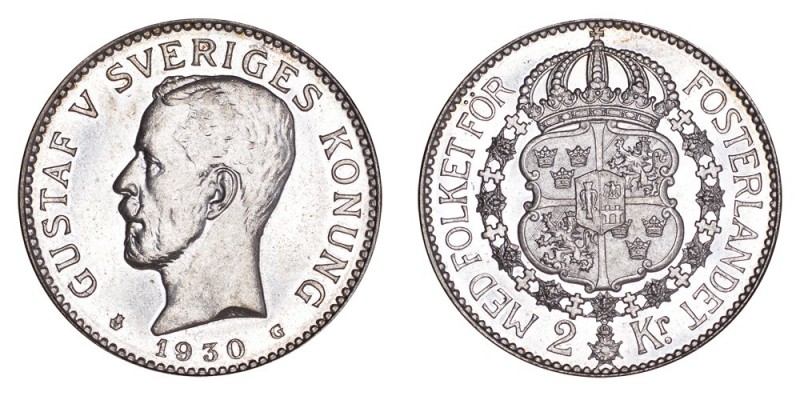 SWEDEN. Gustaf V, 1907-50. 2 Kronor 1930, Stockholm. 15 g. Mintage 178,387. KM# ...