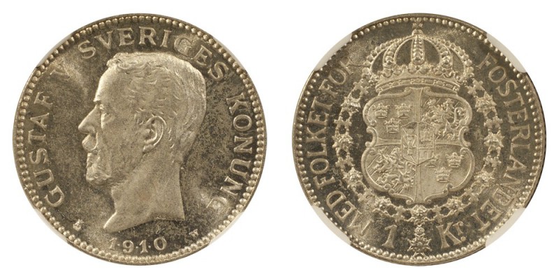 SWEDEN. Gustaf V, 1907-50. Krona 1910, Stockholm. 7.5 g. Mintage 643,065. KM# 78...