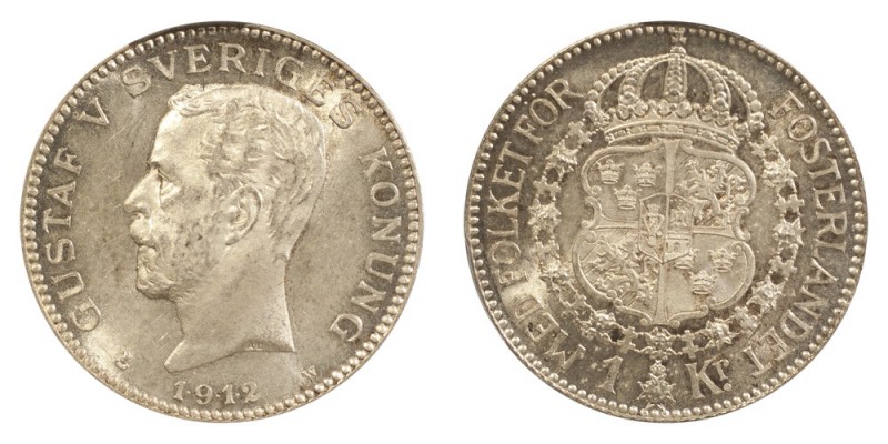 SWEDEN. Gustaf V, 1907-50. Krona 1912, Stockholm. 7.5 g. Mintage 303,420. KM# 78...