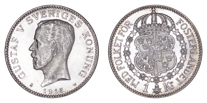 SWEDEN. Gustaf V, 1907-50. Krona 1915, Stockholm. 7.5 g. Mintage 1,415,956. KM# ...
