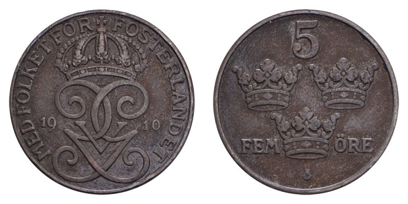 SWEDEN. Gustaf V, 1907-50. 5 Ore 1910, Stockholm. A key date. Good fine.