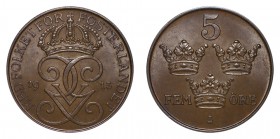 SWEDEN. Gustaf V, 1907-50. 5 Ore 1915, Stockholm. 8 g. SM 184a. Uncirculated.