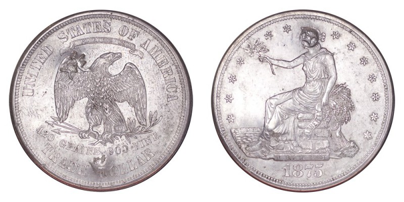 UNITED STATES. Trade Dollars, 1873-85. Dollar 1875-S, San Fransisco. Counterstam...