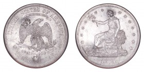 UNITED STATES. Trade Dollars, 1873-85. Dollar 1875-S, San Fransisco. Counterstamped. 26.73 g. Mint state.
