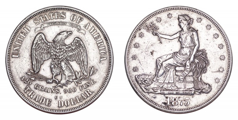 UNITED STATES. Trade Dollars, 1873-85. Dollar 1875-CC, Carson City. 27.22 g. Min...