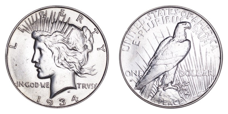 UNITED STATES. Peace Dollars, 1921-28. Dollar 1934-D, Denver. 26.73 g. Mintage 1...