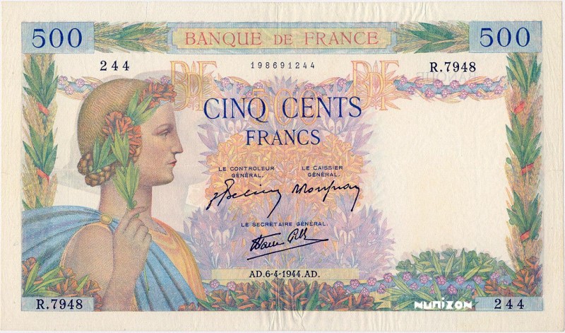 France, 500 francs Type 1939 La Paix, P.95c, R.7948 , 06/04/1944, Réf. : F.32.46...