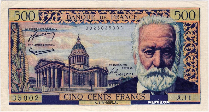 France, 500 francs Type 1953 Victor Hugo, P.133a, F.35.03, A.11 , 04-09-1954, Pr...