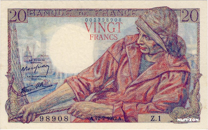 France, 20 francs Type 1942 Pêcheur, P.100a, F.13.01, Z.1 , 12-02-1942, Aplati. ...