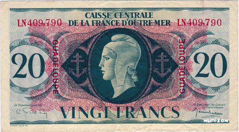 Guadeloupe, 20 francs Type 1943 (GB), P.28a, K125, B402a, , 1943, Non touché, no...