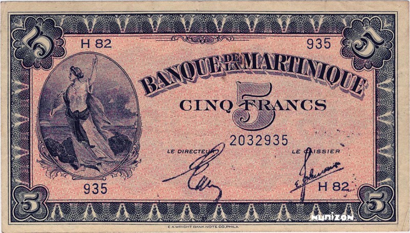 Martinique, 5 francs Type 1942 (US), P.16a, K318, BDM B21a, H82 , 1942, Non épin...