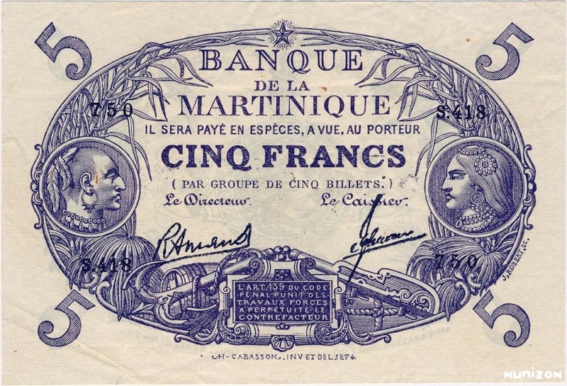 Martinique, 5 francs Violet Type 1901, P.6e, K305, BDM B12c, S.418 , 1946, Non t...
