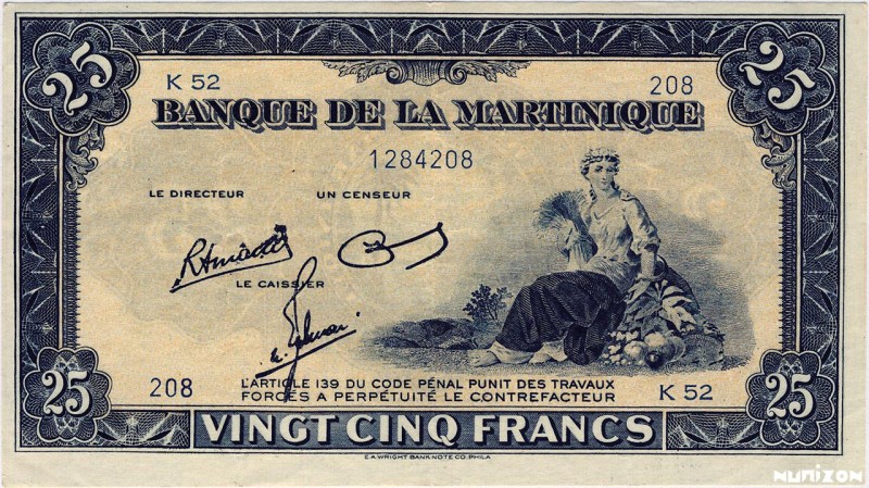 Martinique, 25 francs Type 1942 (US), P.17c, K319c, BDM B22c, K52 , 1942, Non to...