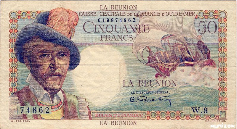 Reunion, 50 francs Belain d'Esnambuc Type 1946, P.44, K435, B407a, W.8 , 1948, N...
