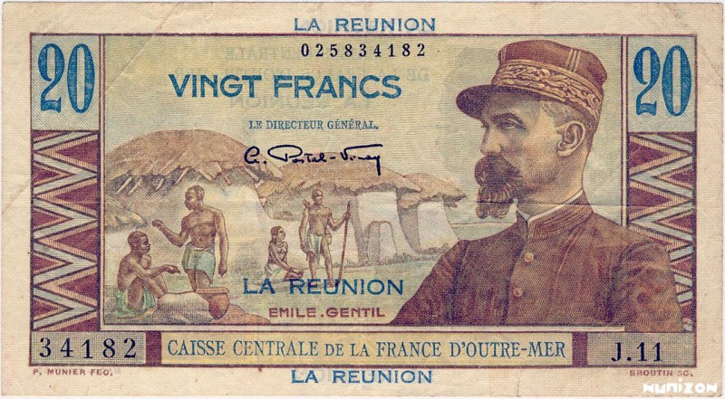 Reunion, 20 francs Émile Gentil Type 1946, P.43, K434, B406a, J.11 34182, 1948, ...
