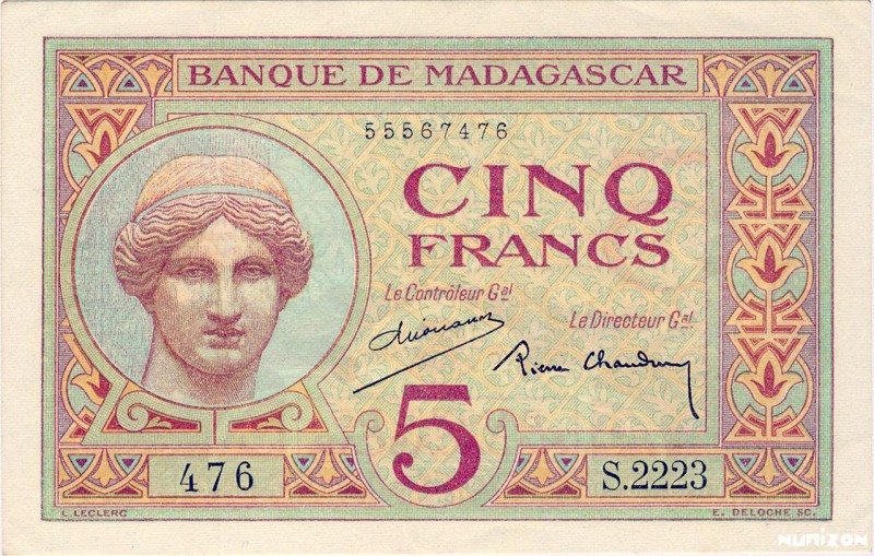 Madagascar, 5 francs Type 1926 Madagascar, P.35b, K802b, B202b, S.2223 476, 1937...