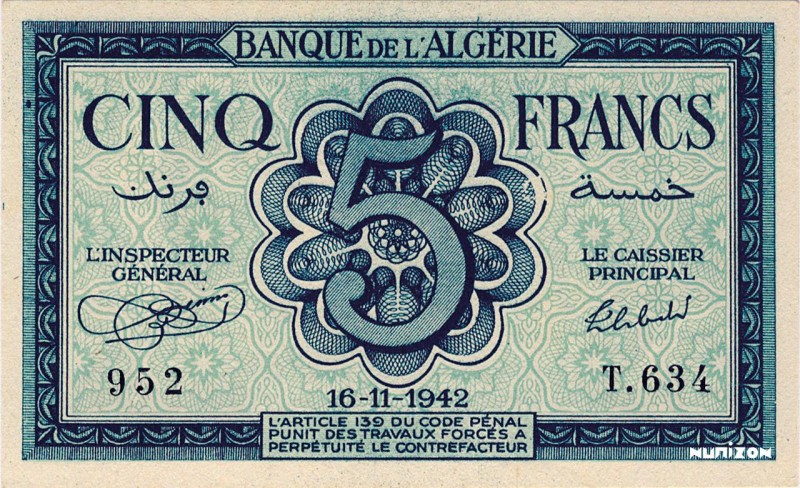 Algeria, 5 francs Type 1942, P.91, MK4, B134, T.634 952, 1942-11-16,