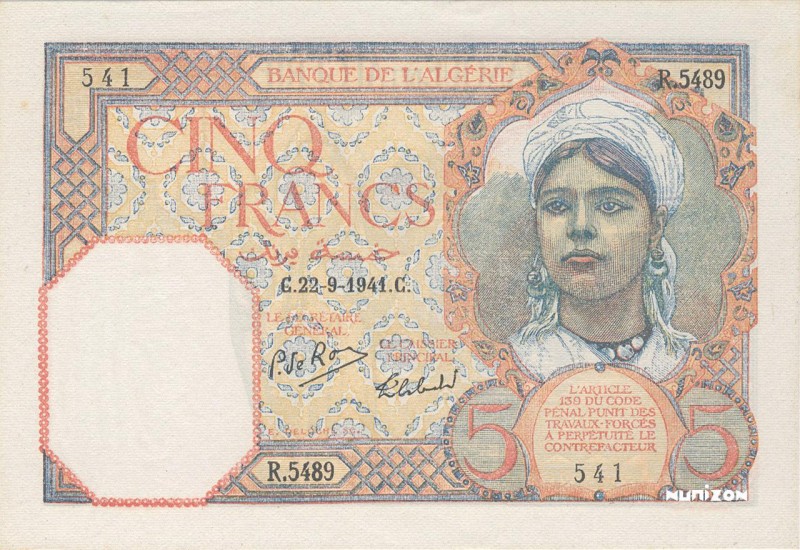 Algeria, 5 francs Type 1924 « Numéros inversés », P.NA, MK3, R.5489 541, 22-09-1...
