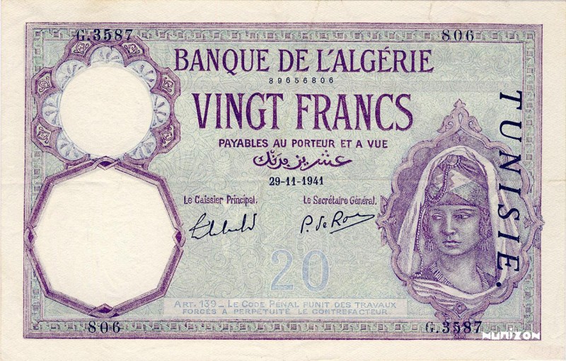 Tunisia, 20 francs Type 1912, P.78, MK406d, B124, G.3587 806, 1941-11-29, Plis e...