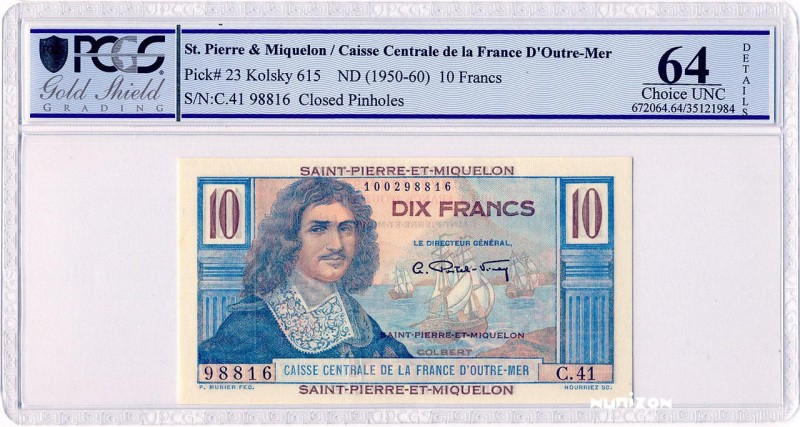 Saint-Pierre-and-Miquelon, 10 francs Colbert Type 1946 modifié, P.23, K615, B509...