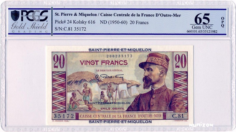 Saint-Pierre-and-Miquelon, 20 francs Émile Gentil Type 1946 modifié, P.24, K616,...