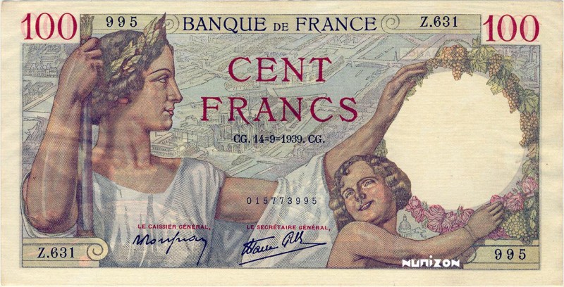 France, 100 francs Type 1939 Sully, P.94, F26.06, Z.631 995, 1939-09-14, Non tou...