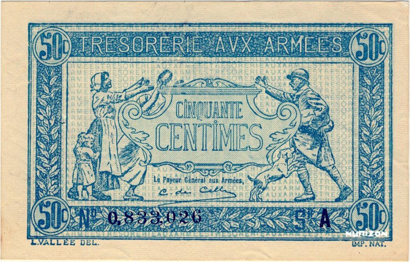 France, 50 centimes Trésorerie aux armées Type 1917, P.M1, VF01.01, 0,833,026, 1...