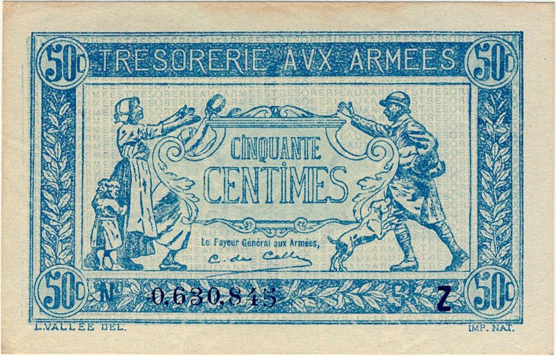 France, 50 centimes Trésorerie aux armées Type 1919, P.M4a, VF02.09, Z 0,630,845...