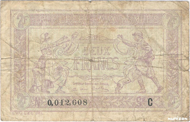 France, 2 francs Trésorerie aux armées Type 1917, P.M3c, VF05.03, 0,012,608, 191...