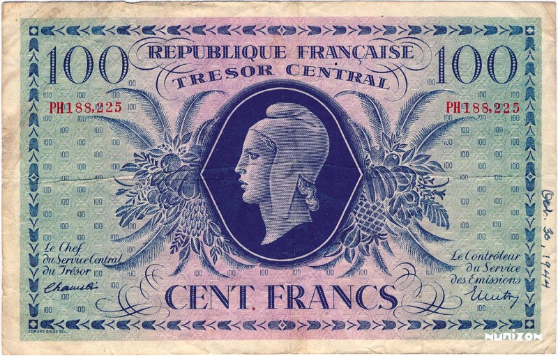 France, 100 francs Marianne Type 1943, P.105, VF.06.01b, 188,225, 1943, Lettre P...