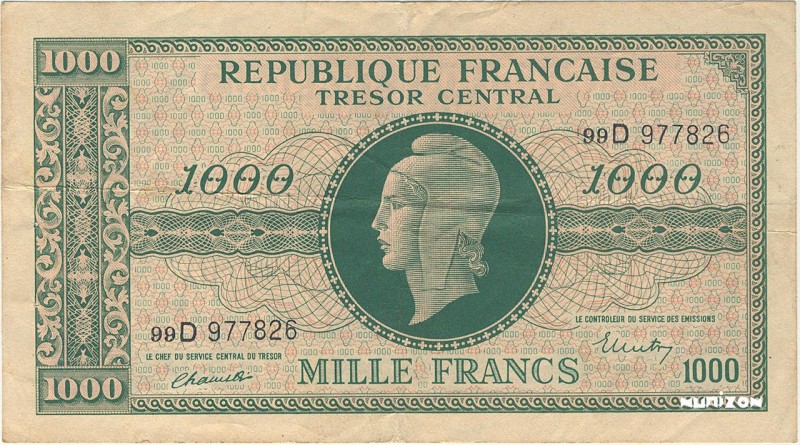 France, 1000 francs Marianne Type 1945, P.107, VF.13.01, 99D 977826, 1945, 1 épi...