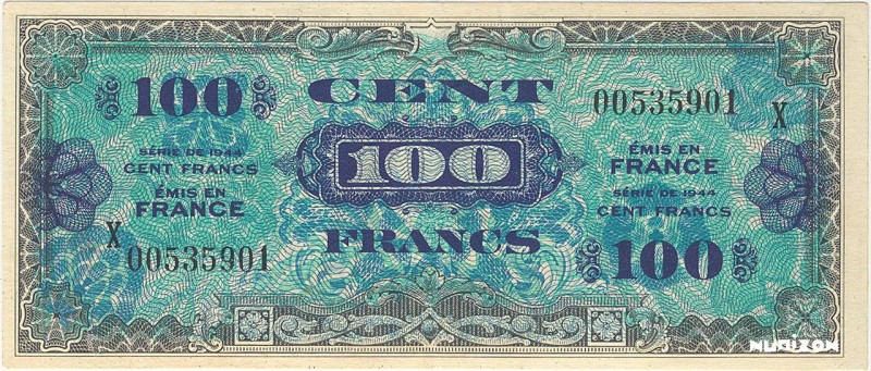 France, 100 francs Drapeau Type 1944, P.118r, VF20.03, 00535901, 1944, 10 trous ...