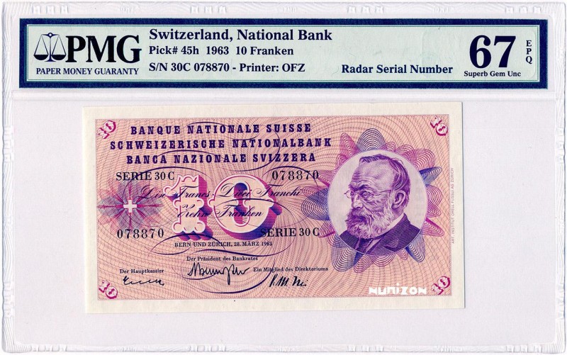 Switzerland, 10 francs Type 1955, P.45h, B331h, 30C 078870, 28-03-1963, 5e Série...