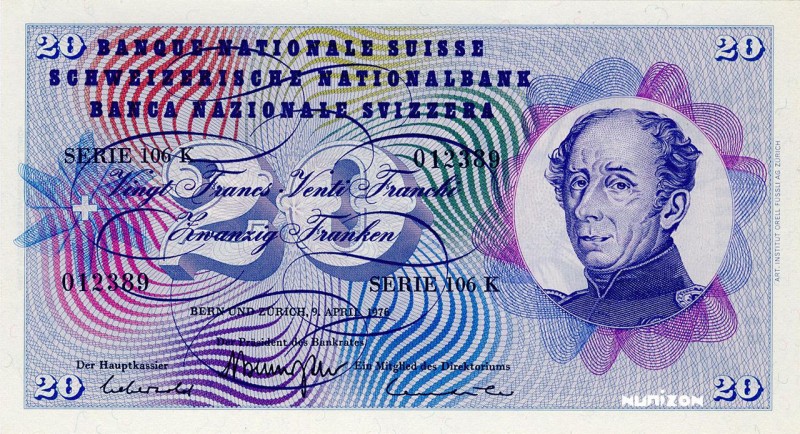 Switzerland, 20 francs Type 1954, P.46w, B332w, 106K 012389, 09-04-1976, 5e Séri...