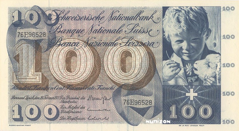Switzerland, 100 francs Type 1956, P.49m, B334m, 76E 96528, 10-02-1971, 5e Série...