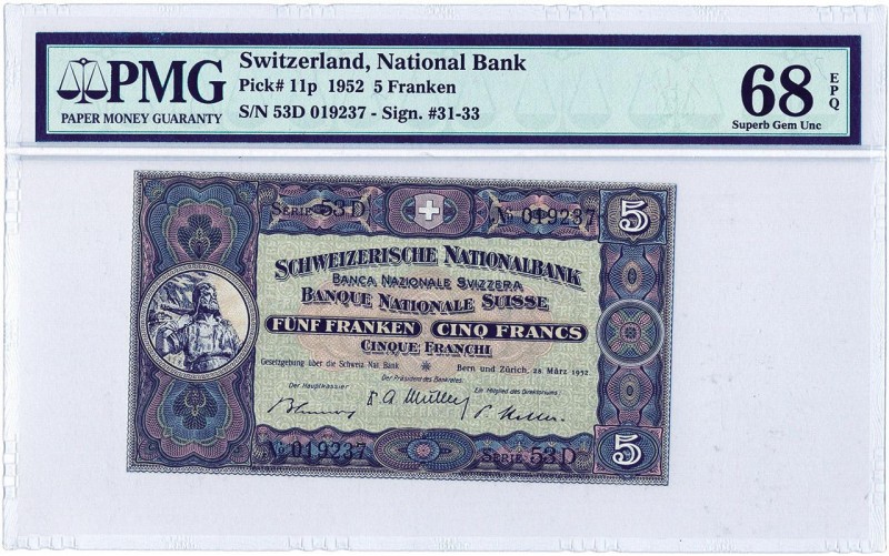Switzerland, 5 francs Type 1913, P.11p, B305, 53D 019237, 28-03-1952, 2e Série