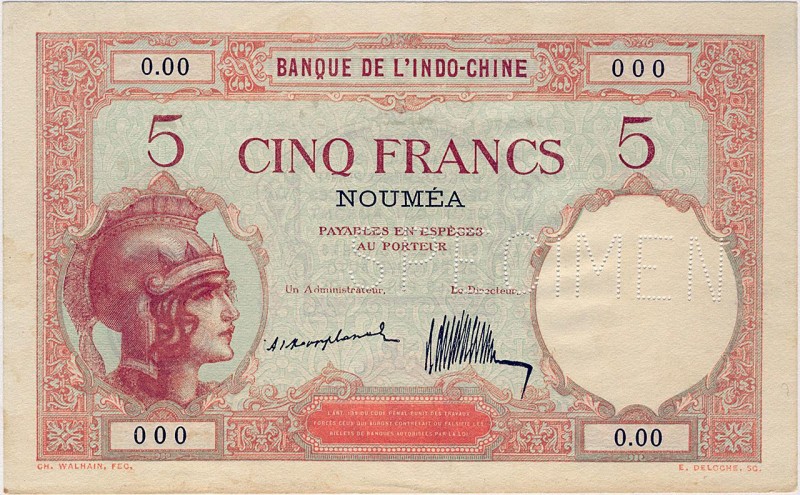 New Caledonia, 5 francs Type 1926, P.36as2, KM412as2, 0 000, 1926, Spécimen 0.00...