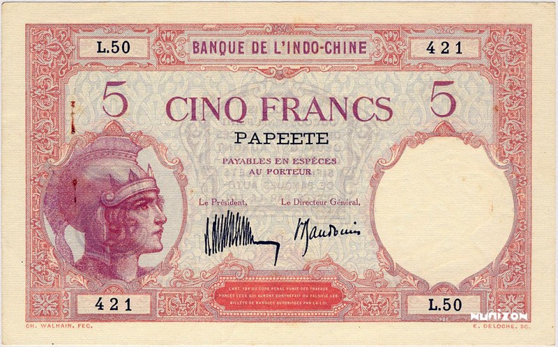 French Oceania, 5 francs Type 1927 Papeete, P.11c, KM509c, B307c, L.50 421, 1927...