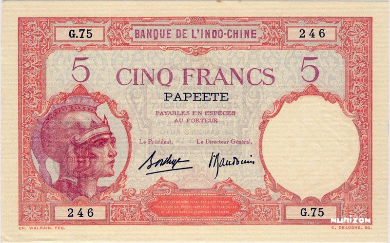 French Oceania, 5 francs Type 1927 Papeete, P.11d, KM509d, B307d, G.75 246, 1927...
