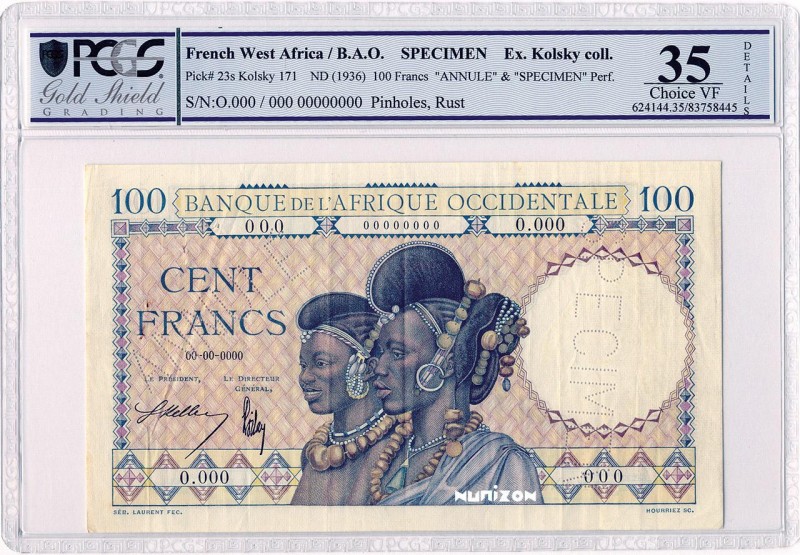 French West Africa, 100 francs Type 1936, P.23s, LK171, B110, 0 000, 1936, Spéci...